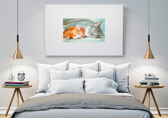 Sleeping Cat With Tawny Kitten Original Oil Painting Pet Portrait Animalism. 50x35 cm, ready to hang