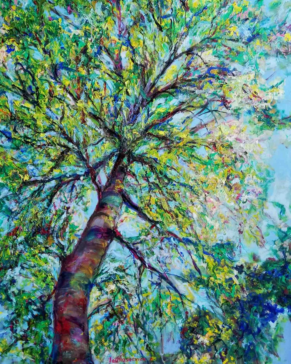 Landscape Oil Painting By Katia Ricci, 32 X 40", Tree In The Sky, Original Artwork