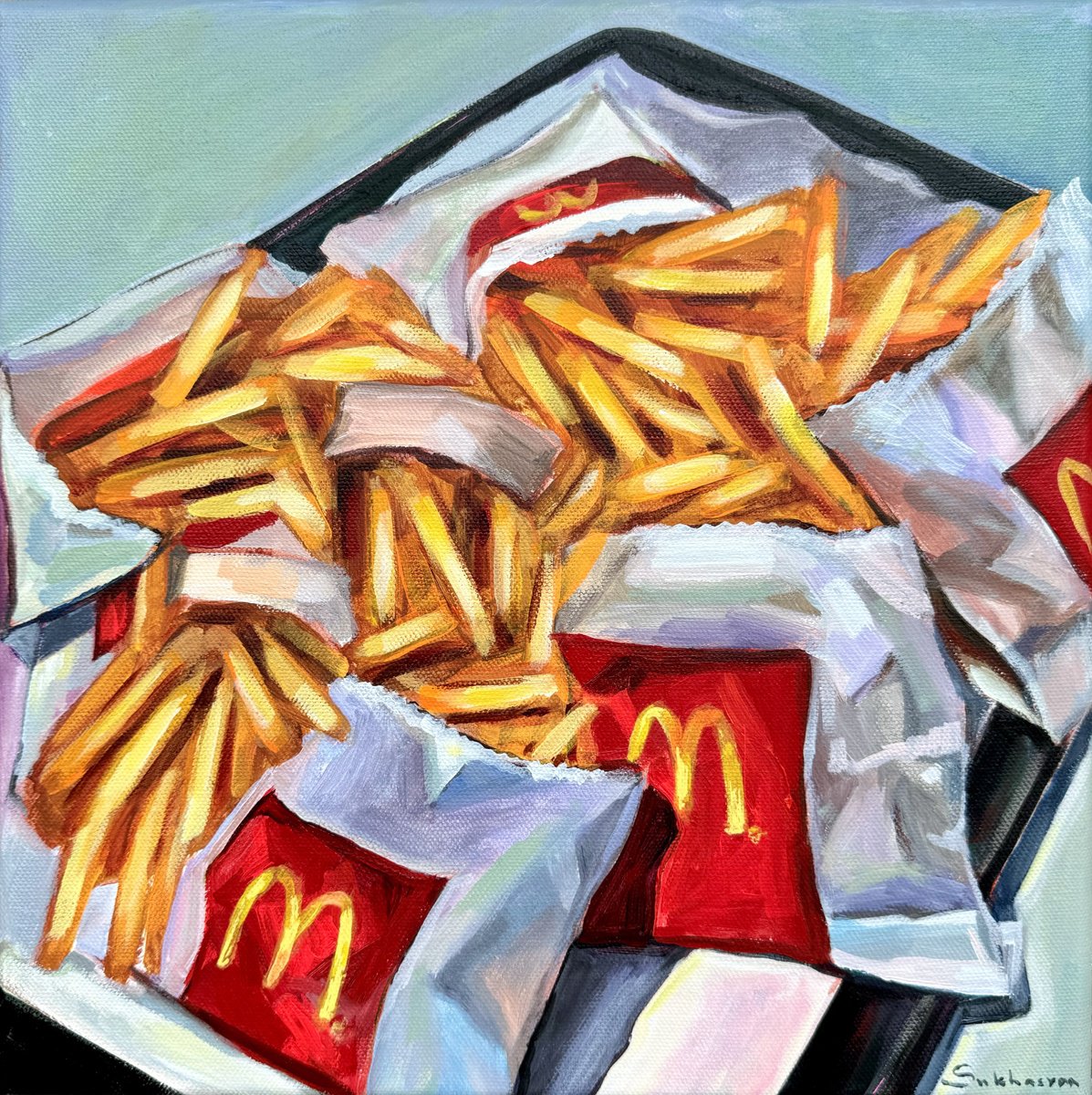 Impressionistic Still Life Acrylic Painting By Victoria Sukhasyan, 12 X 12", Mcdonalds French Fries, Original Artwork