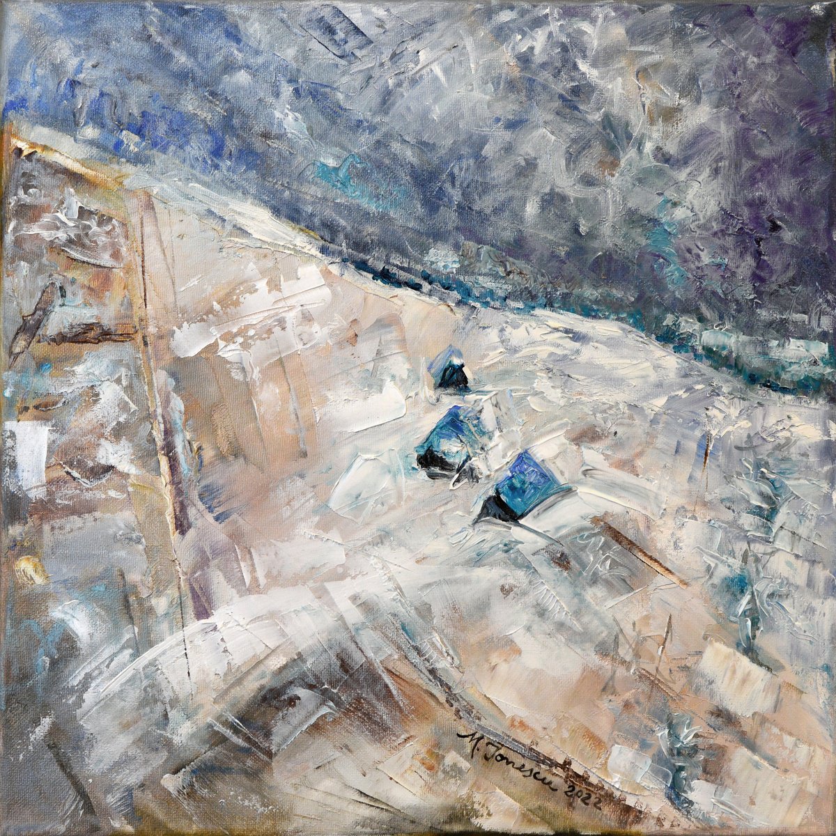 Impressionistic Landscape Oil Painting By Mihaela Ionescu, 16 X 16", "Silver Shapes", Original Artwork