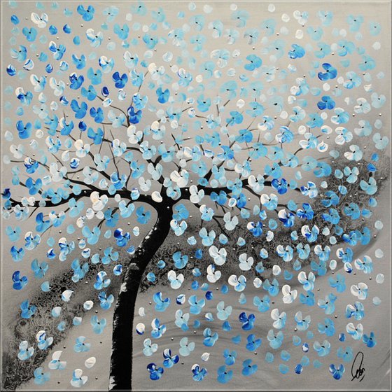 Blue Dreams  Acrylic Art Painting , Blue Cherry Blossoms, Abstract Painting, Flowers, Large Painting Canvas Wall Art