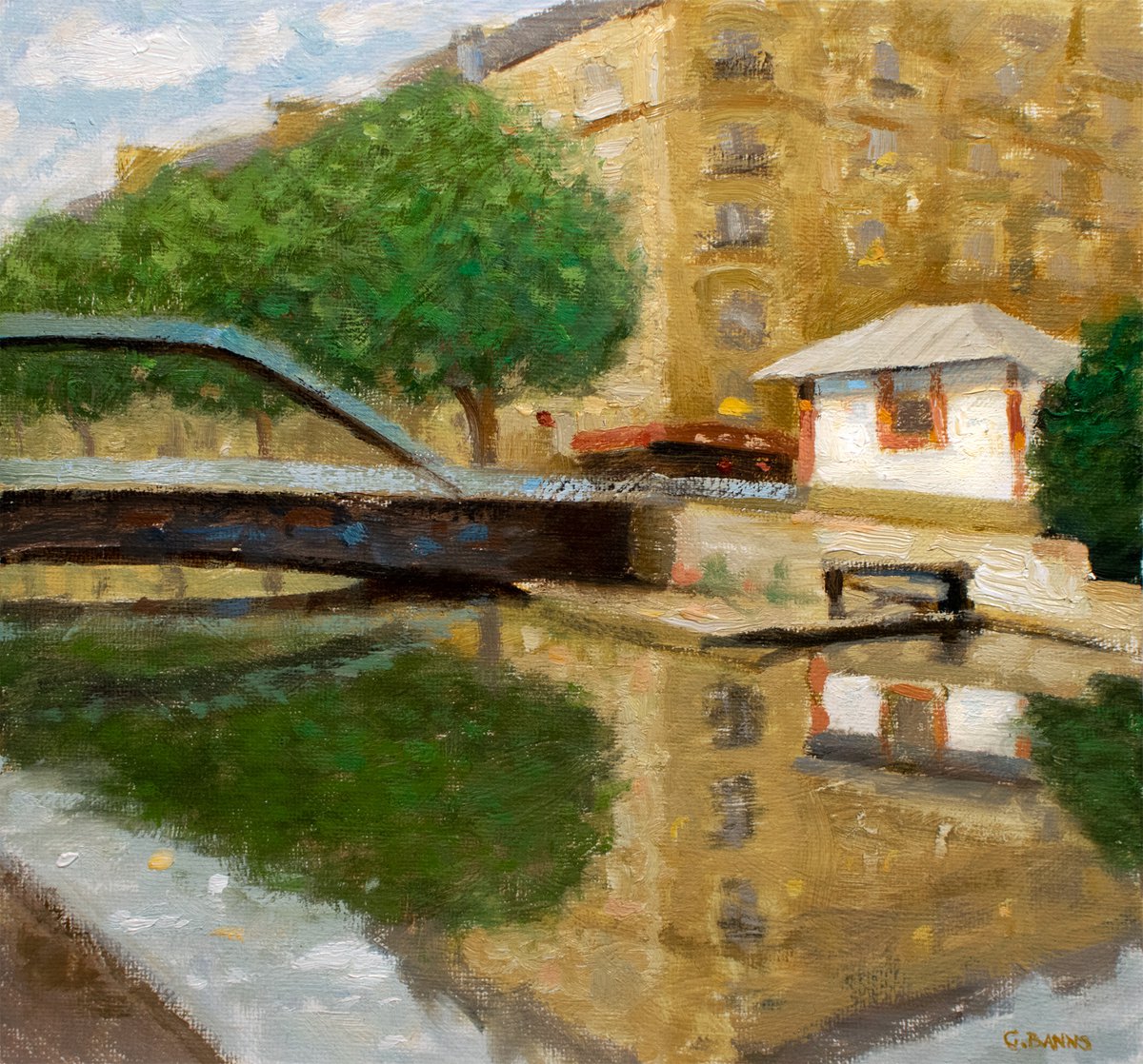 Paris Canal Saint-Martin City Reflections impressionist oil painting by Gav Banns