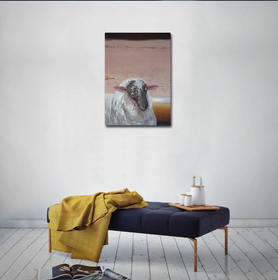 Thoughtful, oil painting of sheep