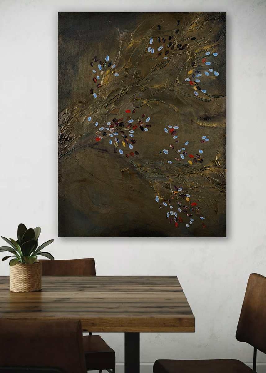 Abstract Acrylic Painting By Novi Lim, 30 X 40", Burnished Olive Tree, Original Artwork