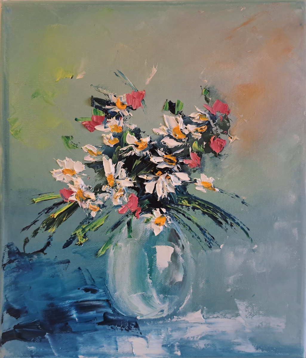 Impressionistic Still Life Oil Painting By Oksana Fedorova, 10 X 12", Daises In A Vase Still Life, Original Artwork
