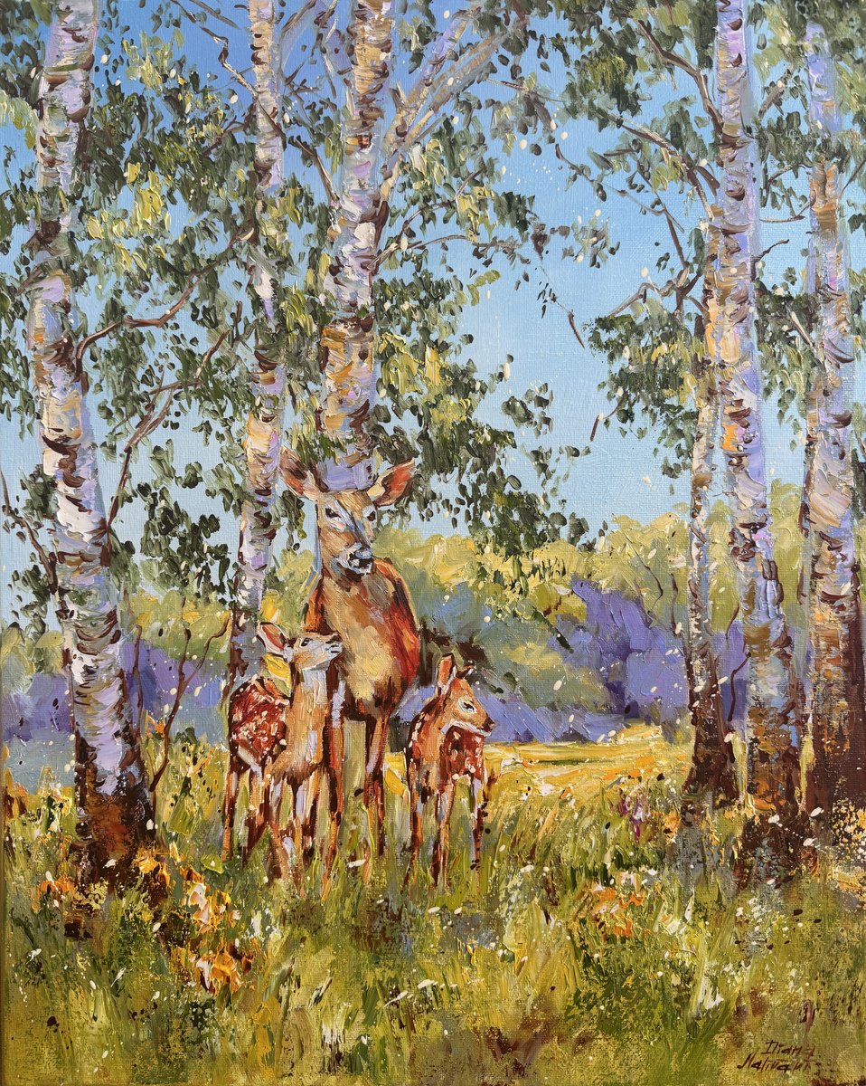 Impressionistic Landscape Oil Painting By Diana Malivani, 16 X 20, In The Middle Of Birch Trees, Original Artwork