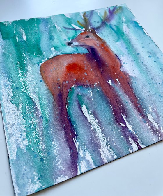 Christmas Deer Watercolor Painting, Snowy Original Artwork, Winter Wall Art, Cozy Hygge Home Decor, Christmas Gifts, Nursery Decor