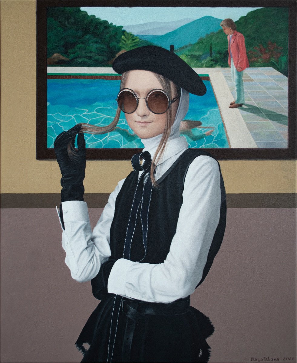 Photorealistic Portrait Acrylic Painting By Nataliya Bagatskaya, 26 X 31", ?lack Leather Gloves, Original Artwork