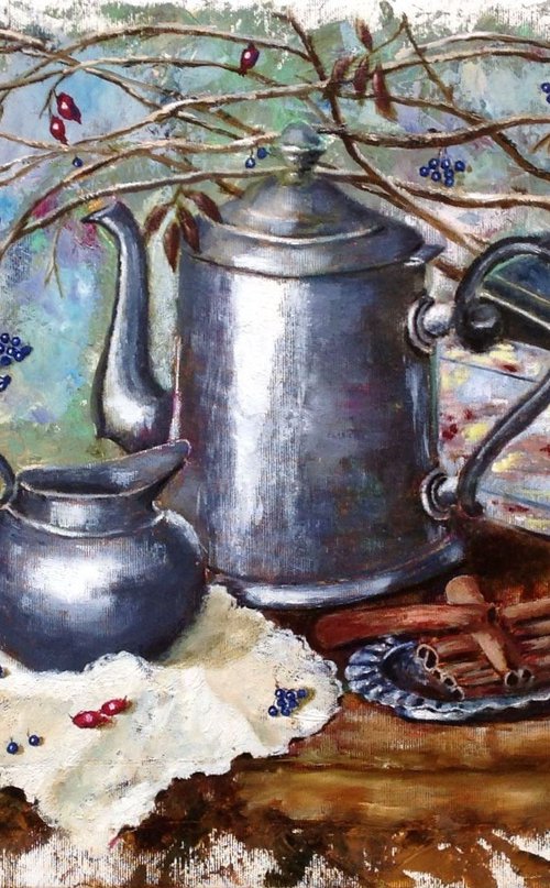 Blue Jar and Silver Service by Liubov Samoilova