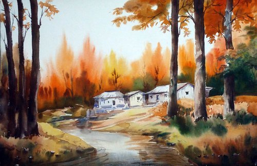 Autumn Forest Village & River - Watercolor on Paper by Samiran Sarkar