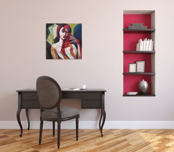 In front of the mirror (60x60cm, cubism, oil painting, ready to hang)