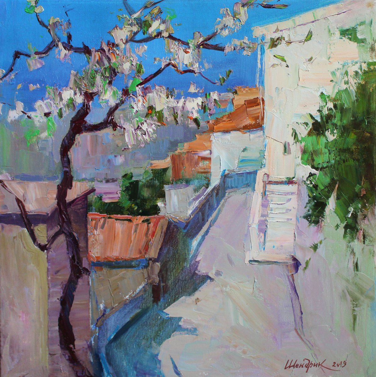 Impressionistic Landscape Oil Painting By Tetiana Shendryk, 16 X 16", April In Maiera, Original Artwork