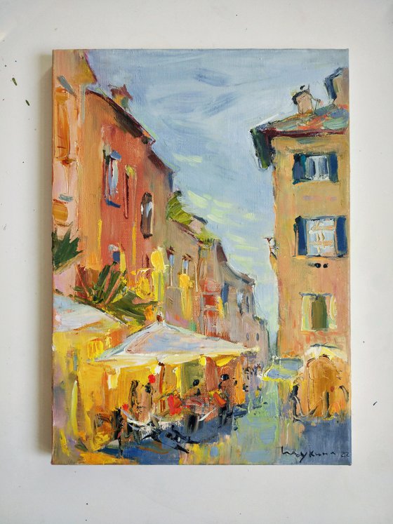 Cafe in Rome . Street light. Italian holiday series.  Original plein air oil painting .