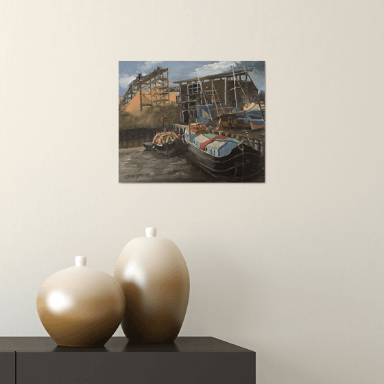 Dutch barge at Greenwich, London. Oil painting
