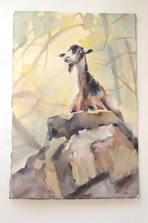 Wild goat in the Avakas gorge Watercolor nature of Cyprus