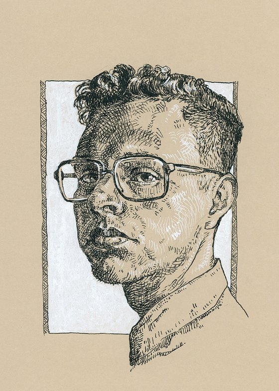 Man with glasses, geek portrait, nerd portrait, portrait on paper