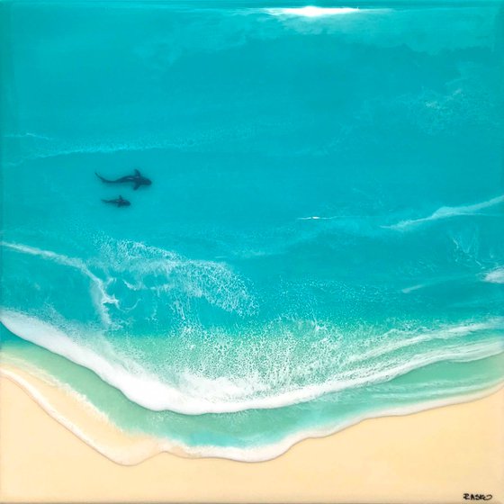 2 Sharks - 12" x 12" Resin on wood