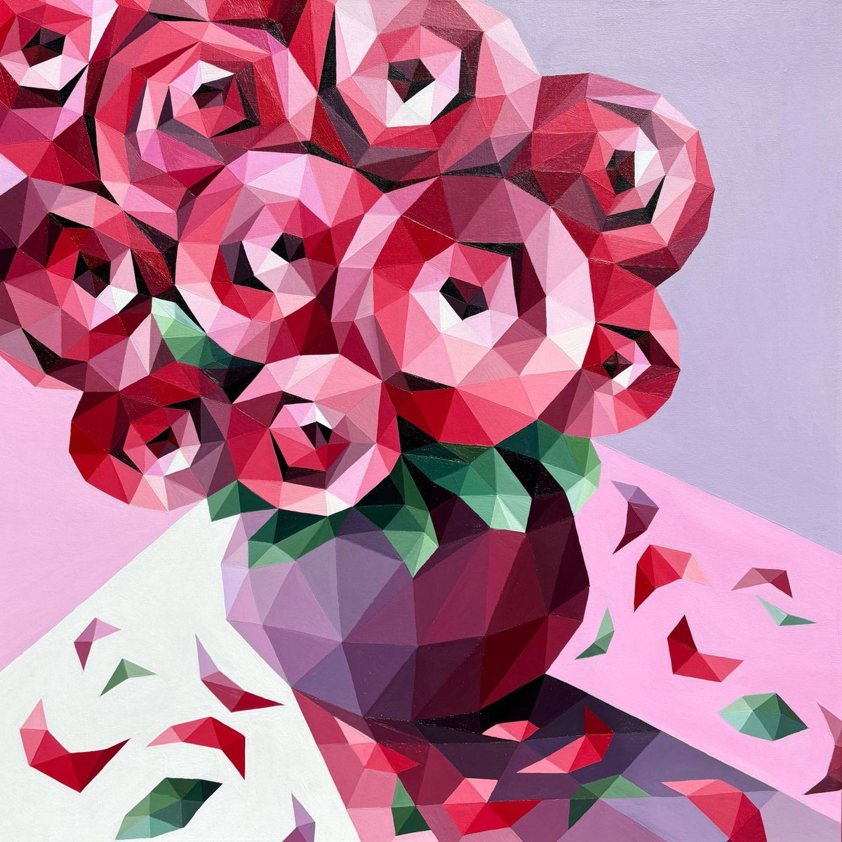 Geometric Still Life Acrylic Painting By Maria Tuzhilkina, 24 X 24", Carusel Of Red Roses, Original Artwork