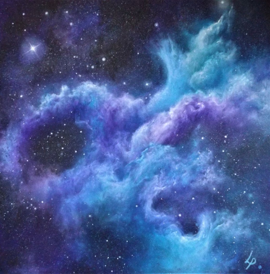 'Far Above THe World' Space Art, Fingerpainted Acrylic painting by