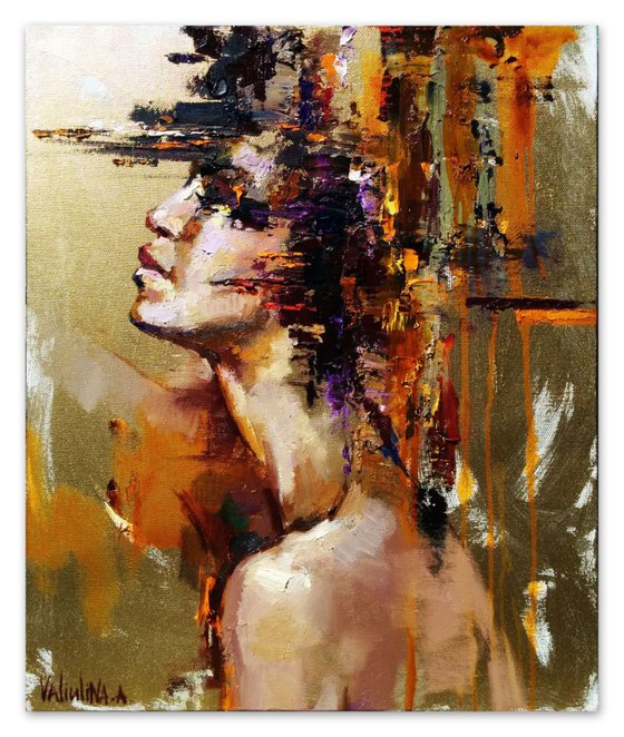 Gold abstract woman portrait painting Original oil painting