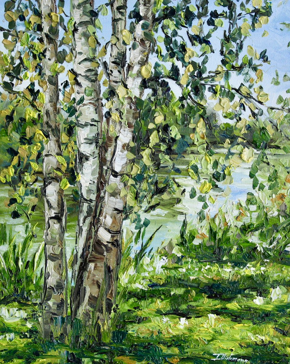 Impressionistic Landscape Oil Painting By Liza Illichmann, 9 X 12", Birch Trees By The Water, Original Artwork
