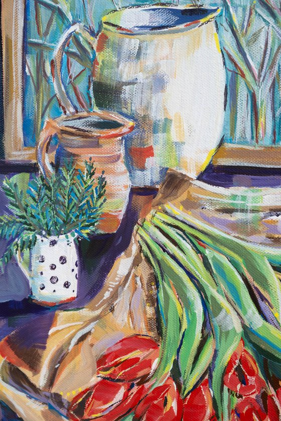 STILL LIFE WITH RED, WHITE AND YELLOW TULIPS