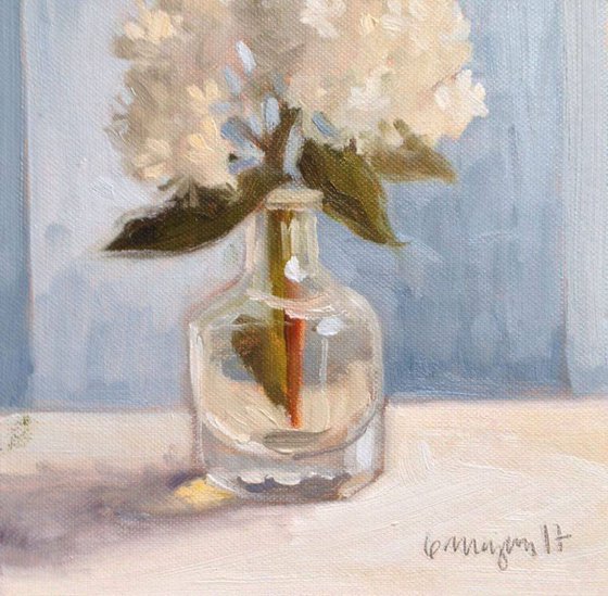 White Flower in Bottle Still Life Oil Painting on Canvas Board