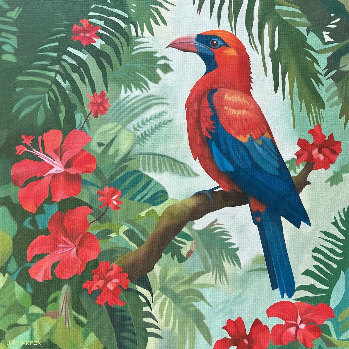 Photorealistic Animal Oil Painting By Jill Ann Harper, 18 X 18, Tropical Bird With Red, Original Artwork