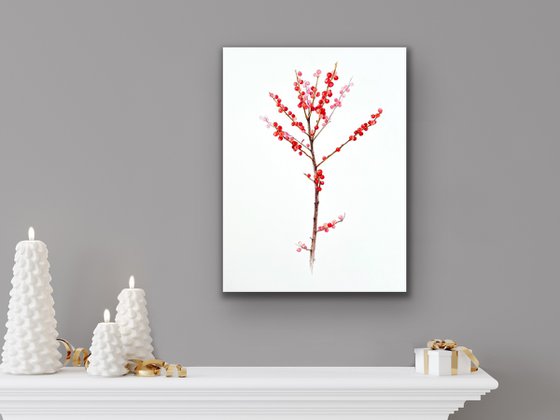 Holly branch with red berries. Original watercolor artwork.