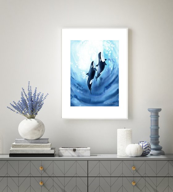 Ocean watercolor painting with whales, original coastal painting , whales in blue sea painting