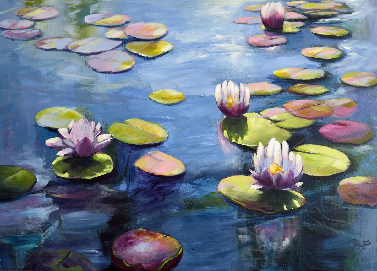 Impressionistic Botanical Acrylic Painting By Sandra Gebhardt-Hoepfner, 28 X 20", Serenity 3, Original Artwork