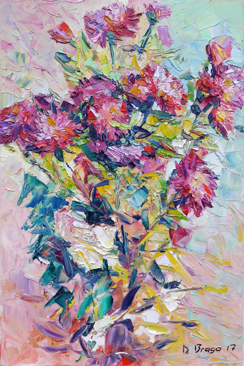 Impressionistic Still Life Oil Painting By Dima Braga, 16 X 24, Violet Chrysanthemums, Original Artwork