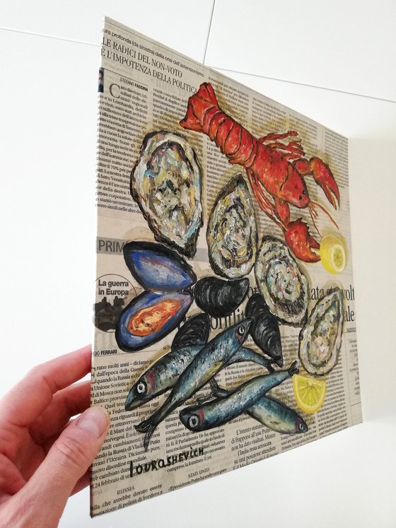 "Seafood on Newspaper" Original Oil on Canvas Board 12 by 12 inches (30x30 cm)