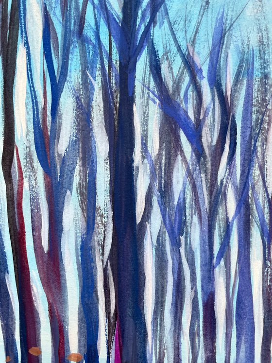 Original Gouache Painting, Snowy Forest Wall Art, Winter Trees Artwork, Rustic Home Decor