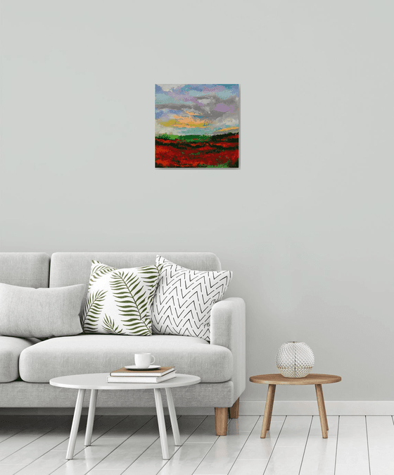 Red poppy garden before storm ! Impressionist Art ! Abstract landscape