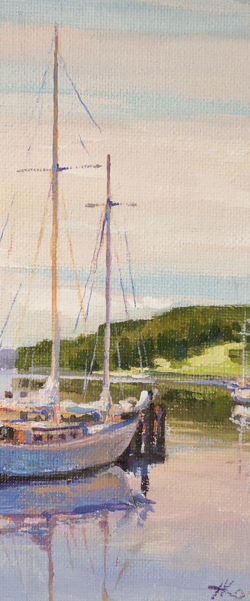 Morning reflections (5x7x0.1'') original, acrylic on canvas board miniature seascape by Alexander Koltakov