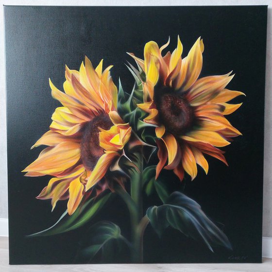 Realism sunflowers acrylic, Realism painting flowers,  flower art,  painting hyperrealism