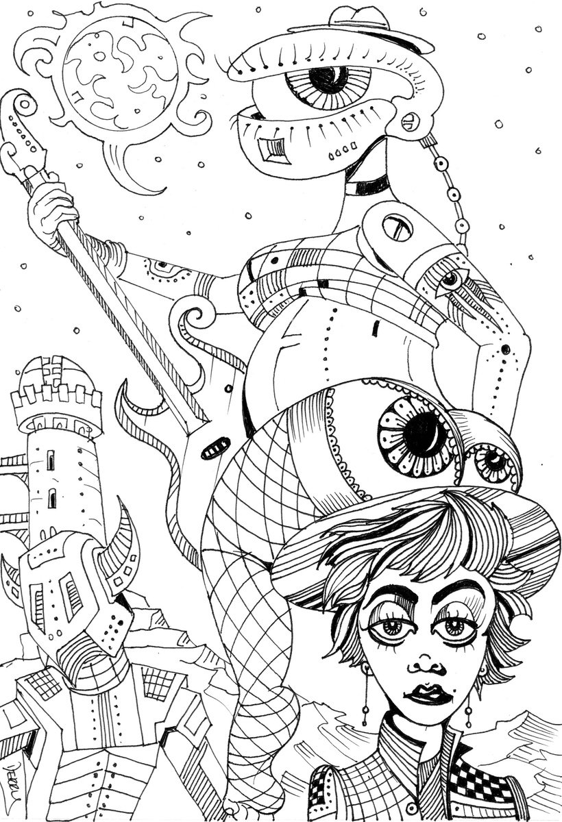 Surrealistic Portrait Ink Drawing By Spencer John Derry, 8 X 12", Quiet Life, Original Artwork