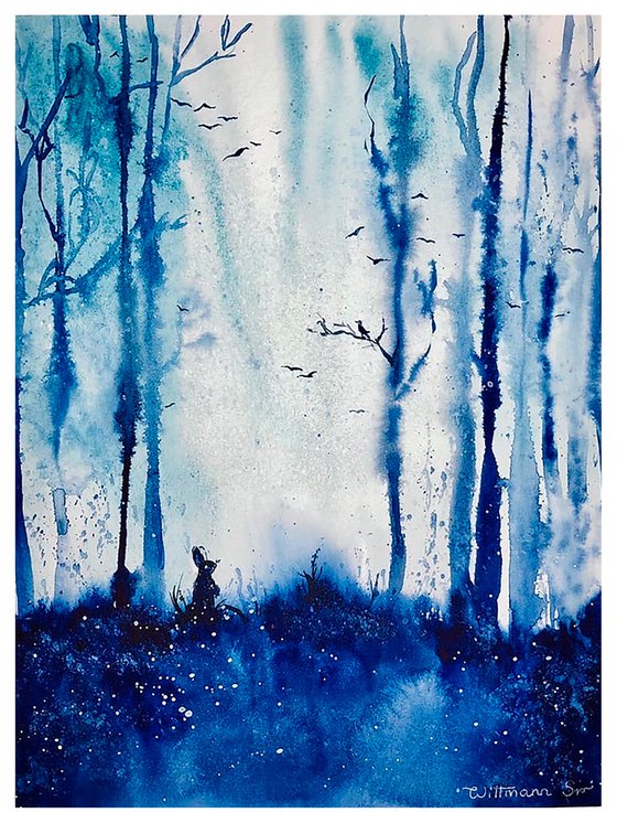 Mystical blue forest. Winter & snowing.