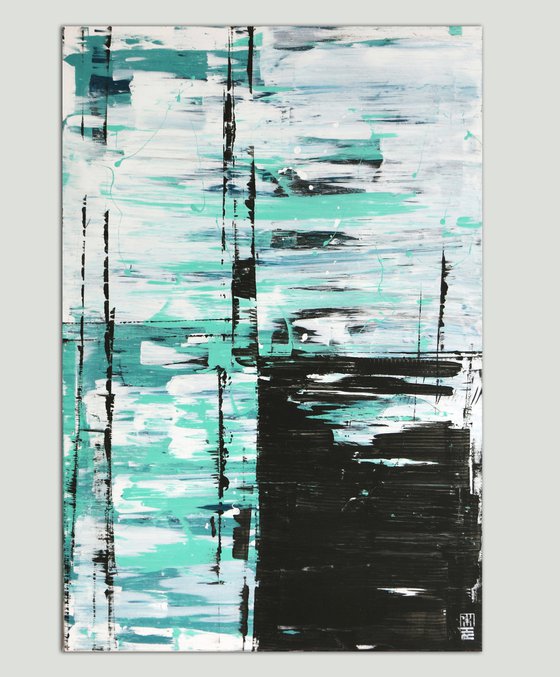 Vertical Acrylic - Static Turquoise in White - Abstract Painting - Ronald Hunter - 05J