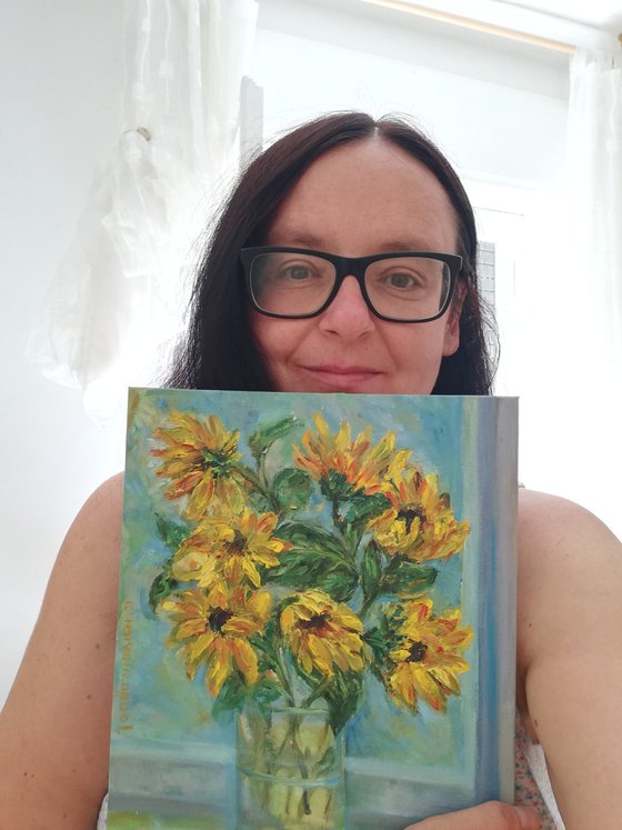 "Sunflowers in the Window" Original Oil Painting 10x12" (24x30cm)
