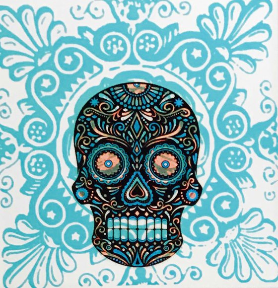 Blue Skull on Patterned background