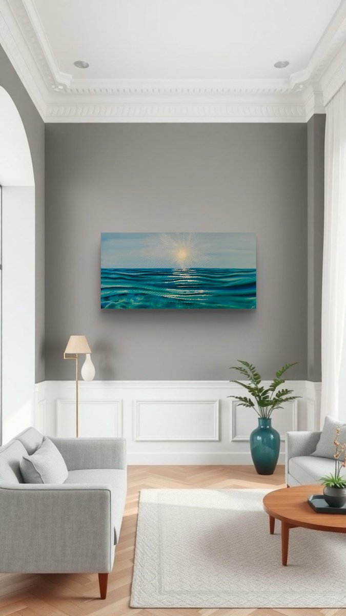 Impressionistic Landscape Oil Painting By Aisylu Burangulova, 31 X 16, Blue Ocean, Original Artwork