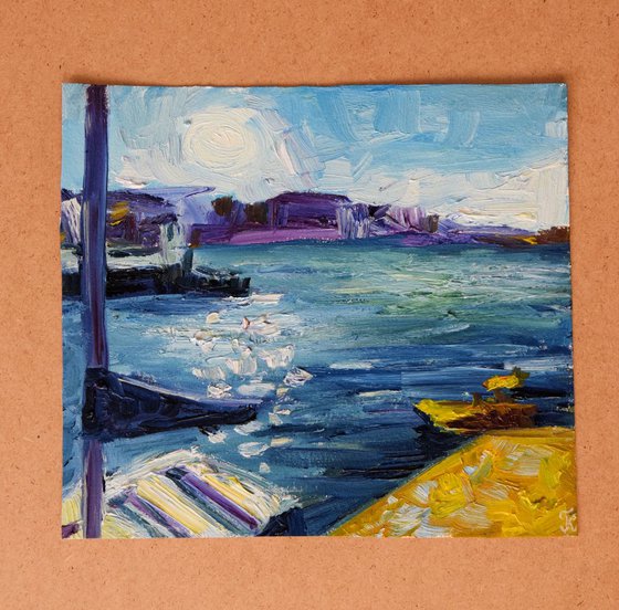 Ships docked in the port original oil painting, coastal pleinair study