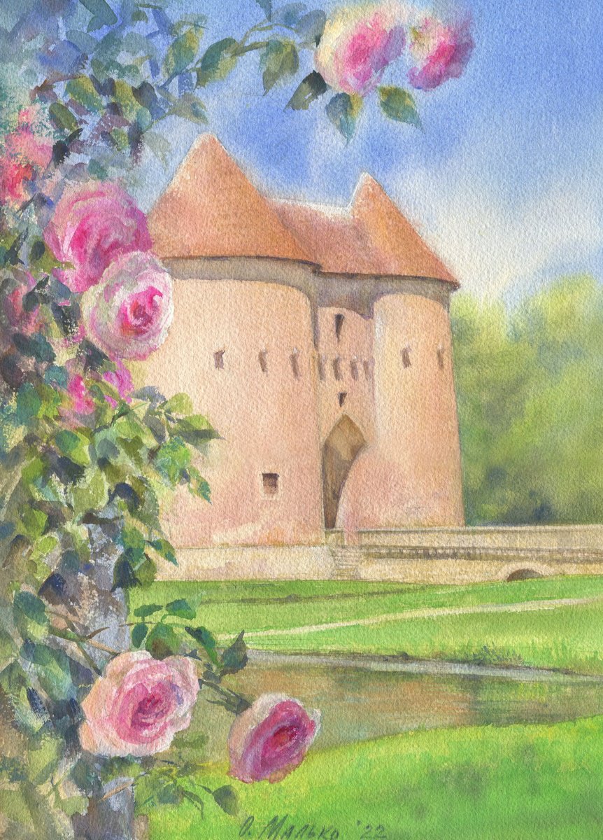 The roses of the Ainay-le-Vieil Castle / ORIGINAL watercolor 11x15in (28x38cm) by Olha Malko