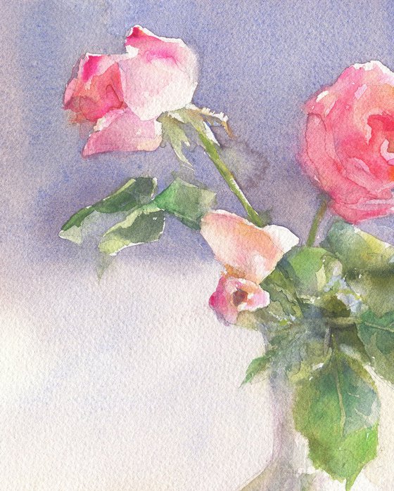 Last chords. Pink / ORIGINAL watercolor ~11x15in (28x37,5cm). Rose bouquet