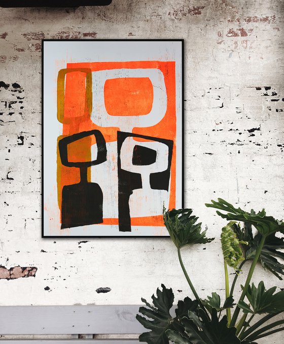 Abstract Family Portrait  - Art on paper - Neon Orange & Black - (A2-42cmx59,4cm) 06J