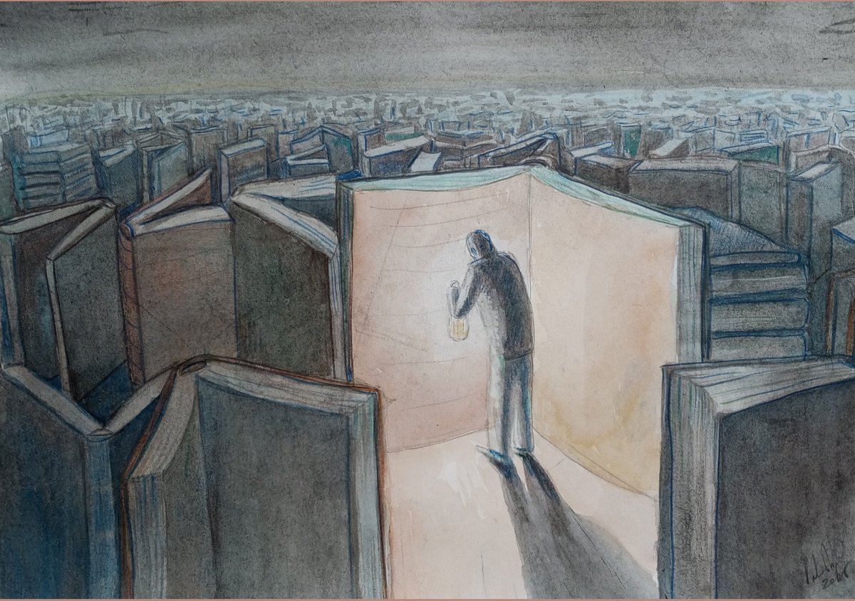 Surrealistic Pastel Drawing , Reader In The Labyrinth By Paolo Beneforti, 15 X 11, Artwork For Sale On Artfinder