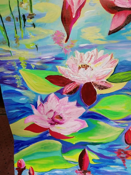 GIFT  PALETTE KNIFE  ORIGINAL PAINTING  FENG SHUI  Artwork: "Water lily pond""