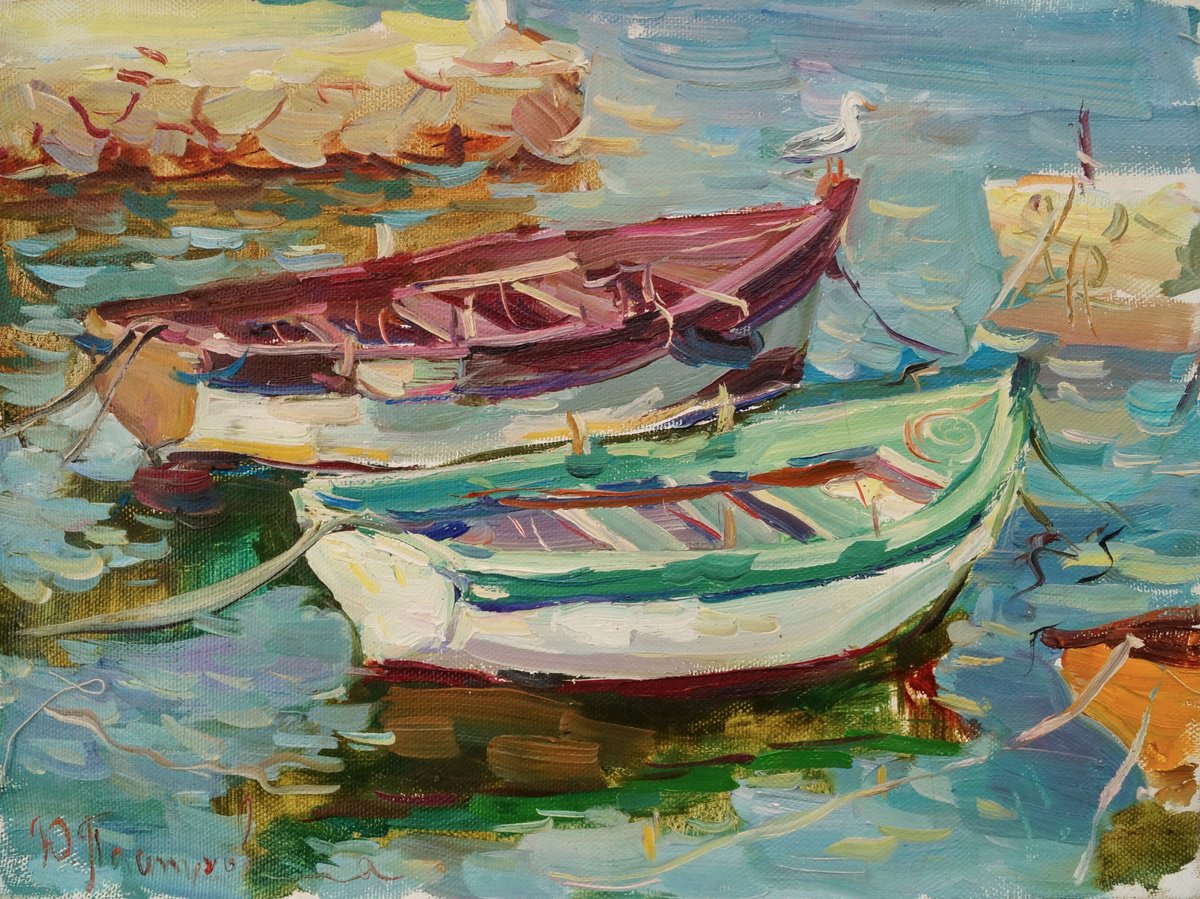 Impressionistic Landscape Oil Painting By Yuliia Pastukhova, 16 X 12", Boats, Original Artwork